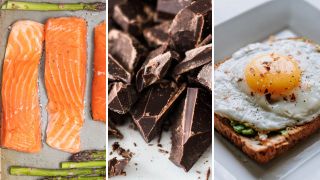 Collage aus Lachsfilet, Schokolade und Spiegelei auf Toast (Bild: Unsplash)