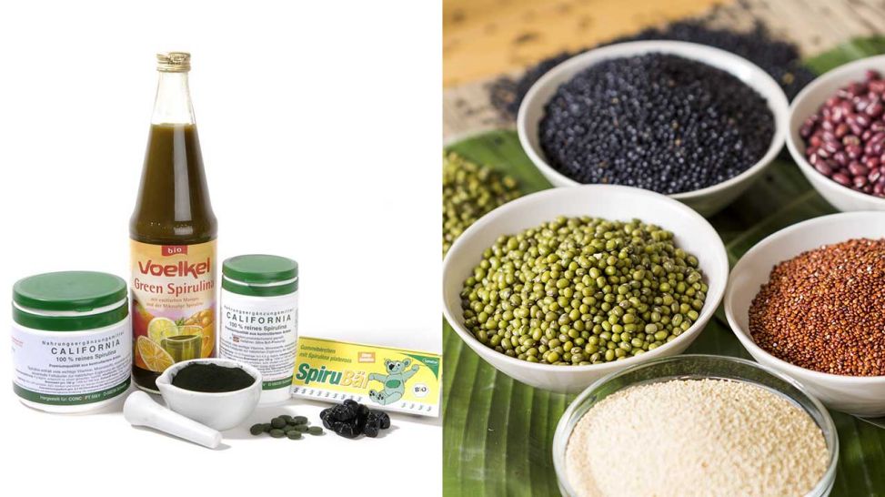 Spirulina links und Linsen rechts (Quelle: imago/Niehoff/Westend 61)
