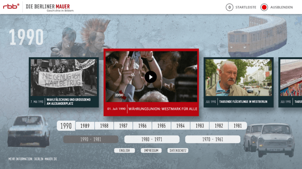 Ein Screenshot der Startseite der HbbTV-App "Berliner Mauer - Geschichte in Bildern" (Bild: rbb Innovationsprojekte) Ein Screenshot der Startseite der HbbTV-App "Berliner Mauer - Geschichte in Bildern" (Bild: rbb Innovationsprojekte)